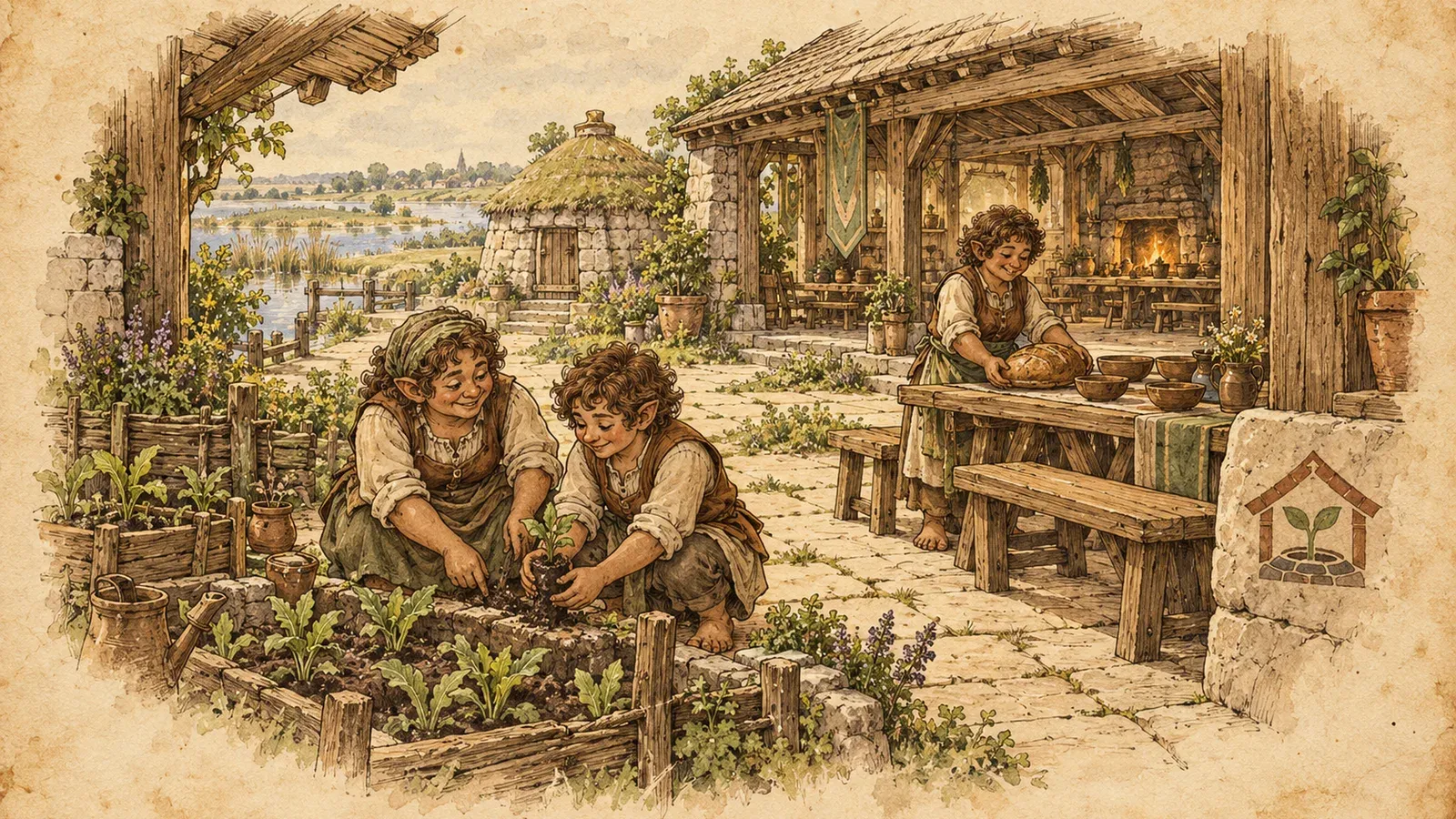 An ink and wash drawing of the Hearthward Fosterage: halflings planting a garden bed beside a long table under a timber shelter, with a cook at the hearth behind.
