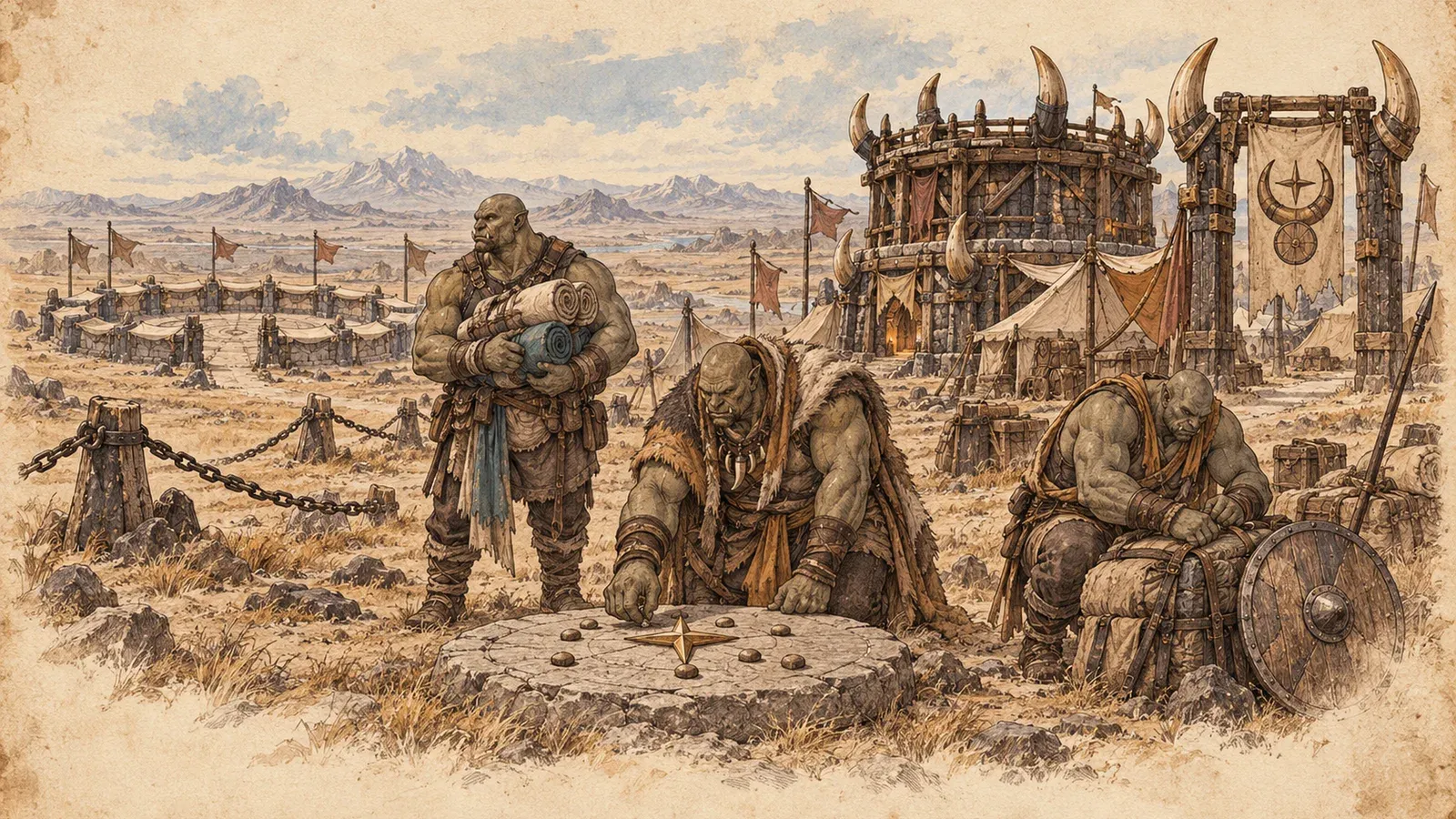 An ink and wash drawing of the Hornfall Confederacy: big warriors in furs gathered at a marker stone on an open steppe, with a horn-crowned fort and tents behind.