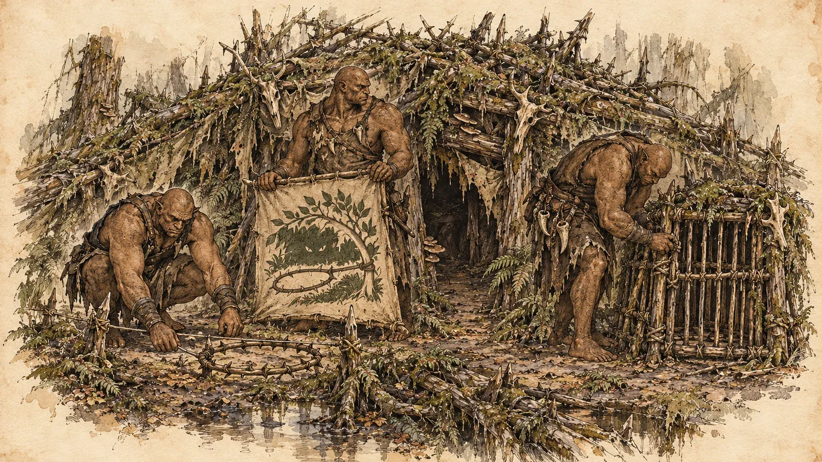 An ink and wash drawing of the Hushwood Takers: hulking woodsmen setting snares and a cage trap outside a den of woven branches.