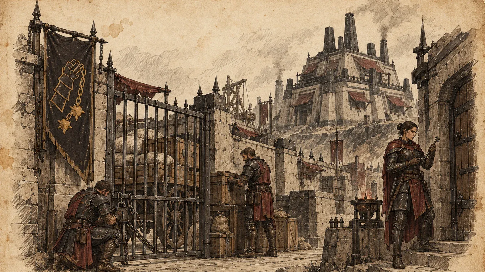 An ink and wash drawing of the Iron Oath Dominion: armoured guards at an iron gate below a dark banner, with a smoking stepped fortress behind.
