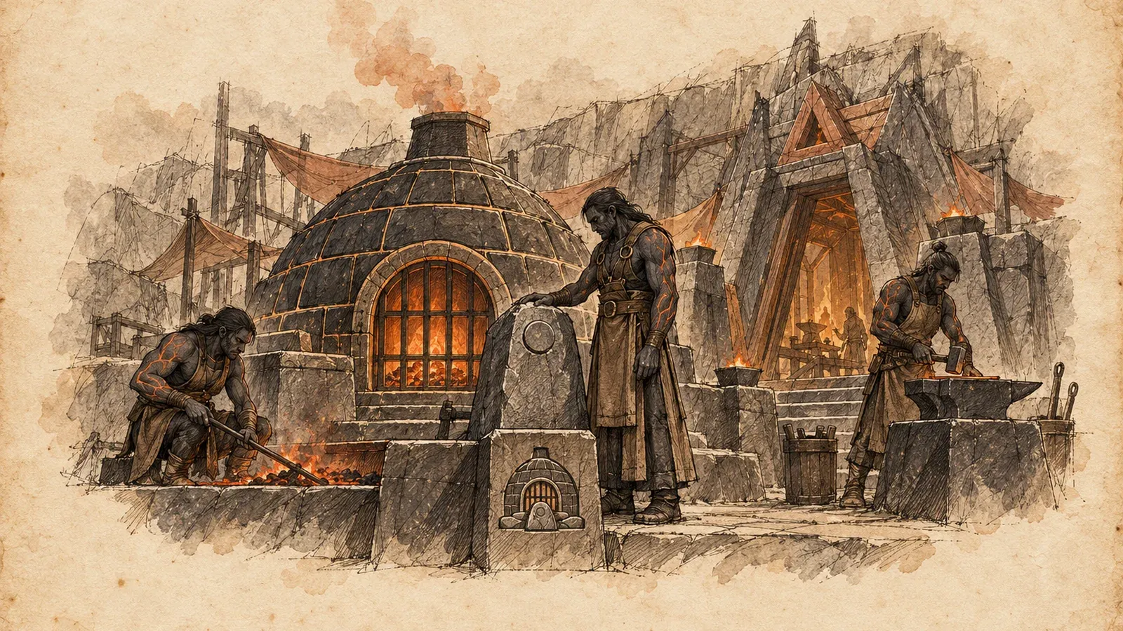 An ink and wash drawing of the Kiln Oath: smiths at a domed kiln and anvils in a terraced forge-yard.