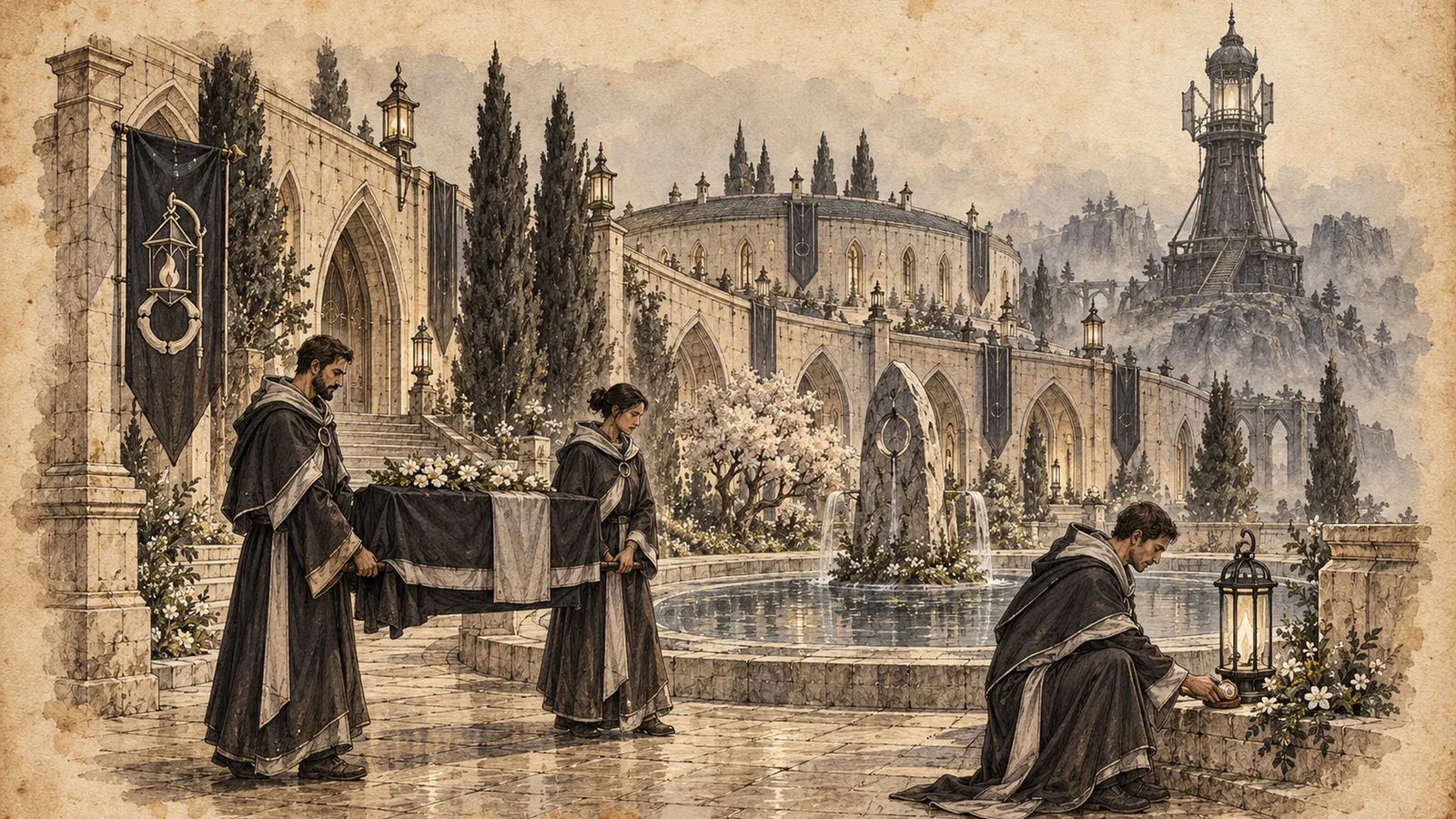 An ink and wash drawing of the Lantern Court of Final Rest: robed mourners carrying a shrouded bier past a fountain, while another lays a lantern among flowers.