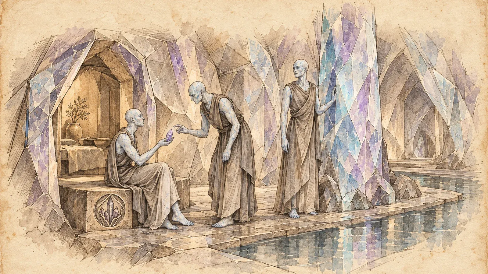 An ink and wash drawing of the Lit Geode: pale robed figures passing a crystal inside a cavern of giant amethyst, beside a still pool.