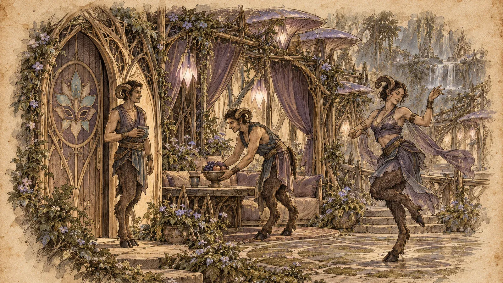 An ink and wash drawing of the Nightbloom Masque: horned dancers and a host in a flower-hung pavilion under glowing mushrooms.