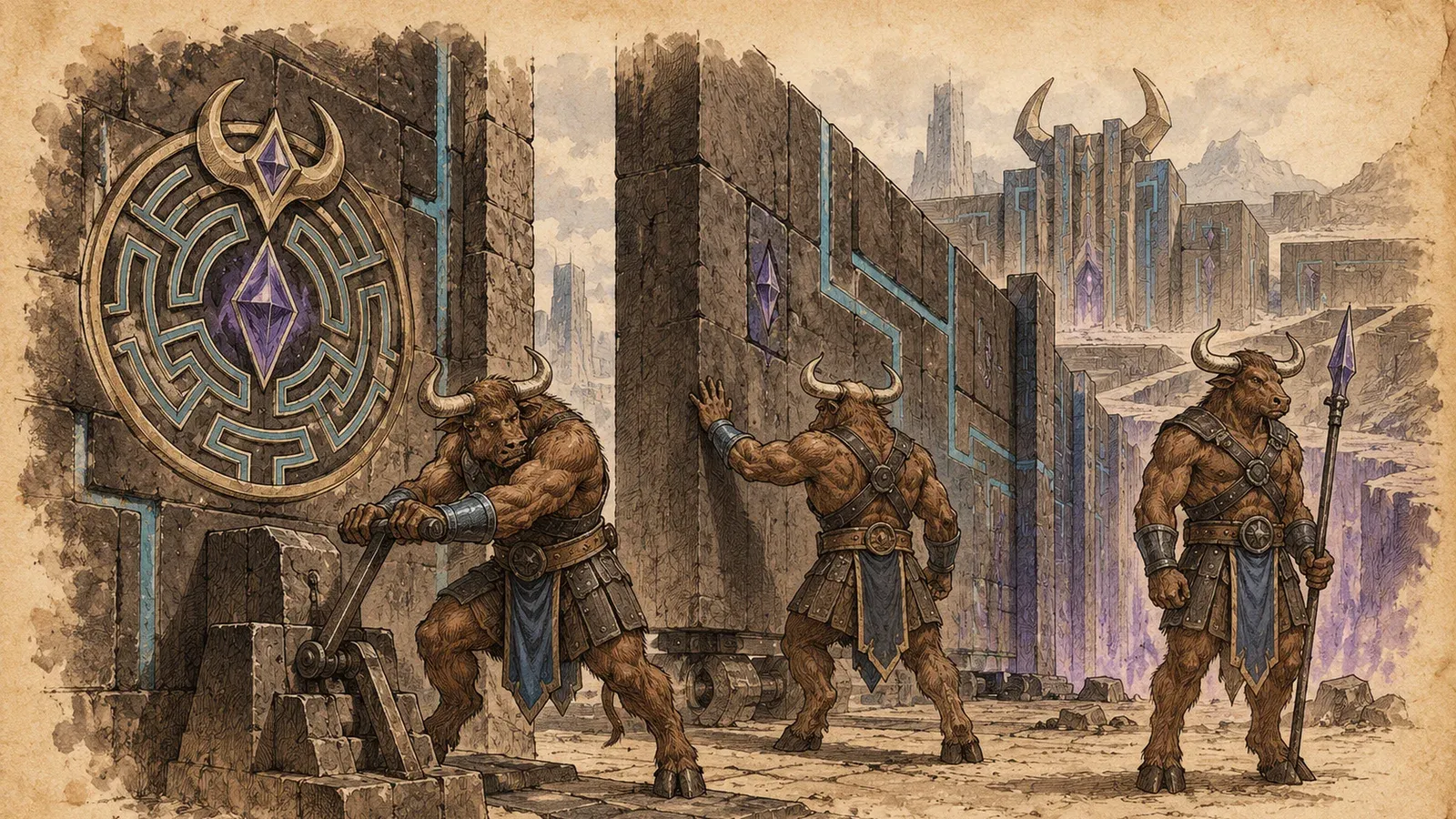 An ink and wash drawing of the Nullmaze Garrison: minotaurs turning a lever and patrolling the walls under a great maze seal set with a violet crystal.
