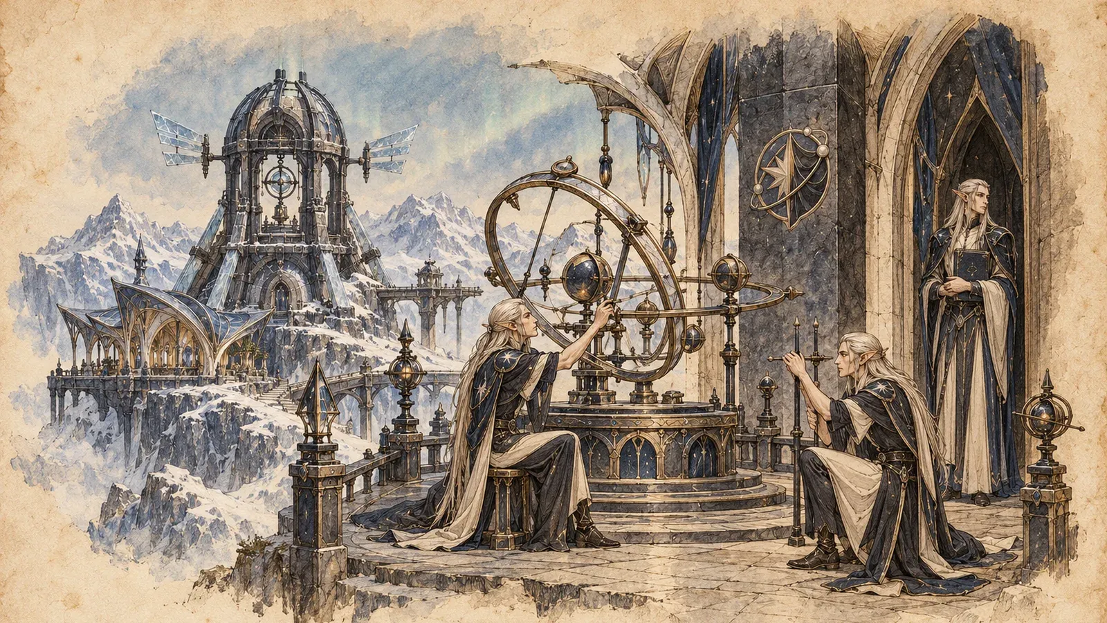 An ink and wash drawing of the Orrery of the Veiled Star: robed scholars turning a great brass orrery on a balcony above snowy peaks.