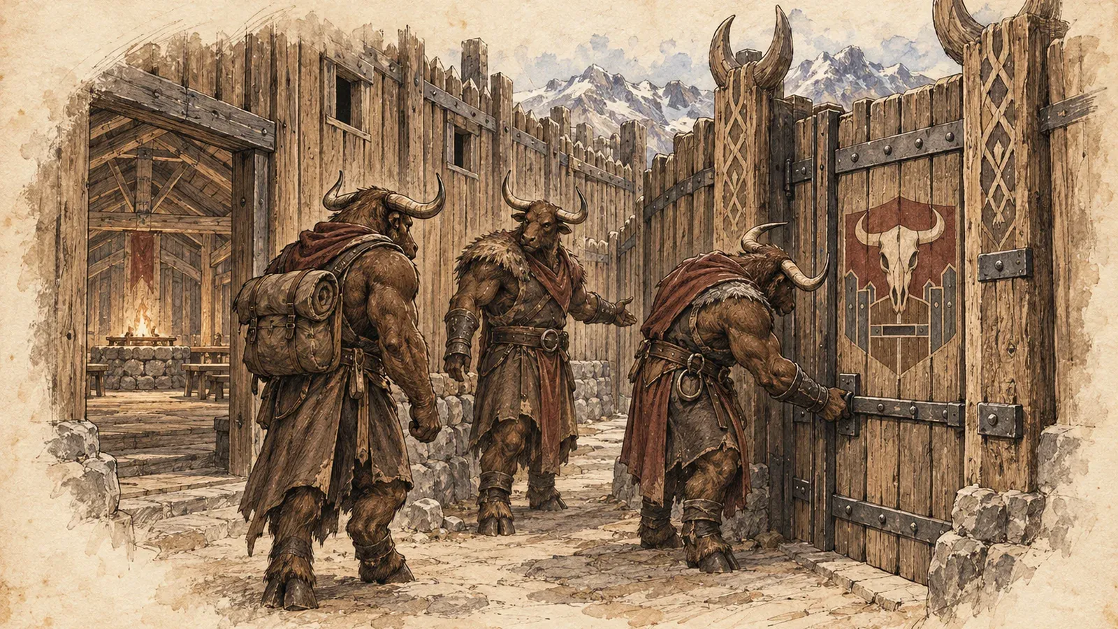 An ink and wash drawing of the Passhorn Holds: minotaurs in fur cloaks closing the gate of a timber stockade in the mountains.