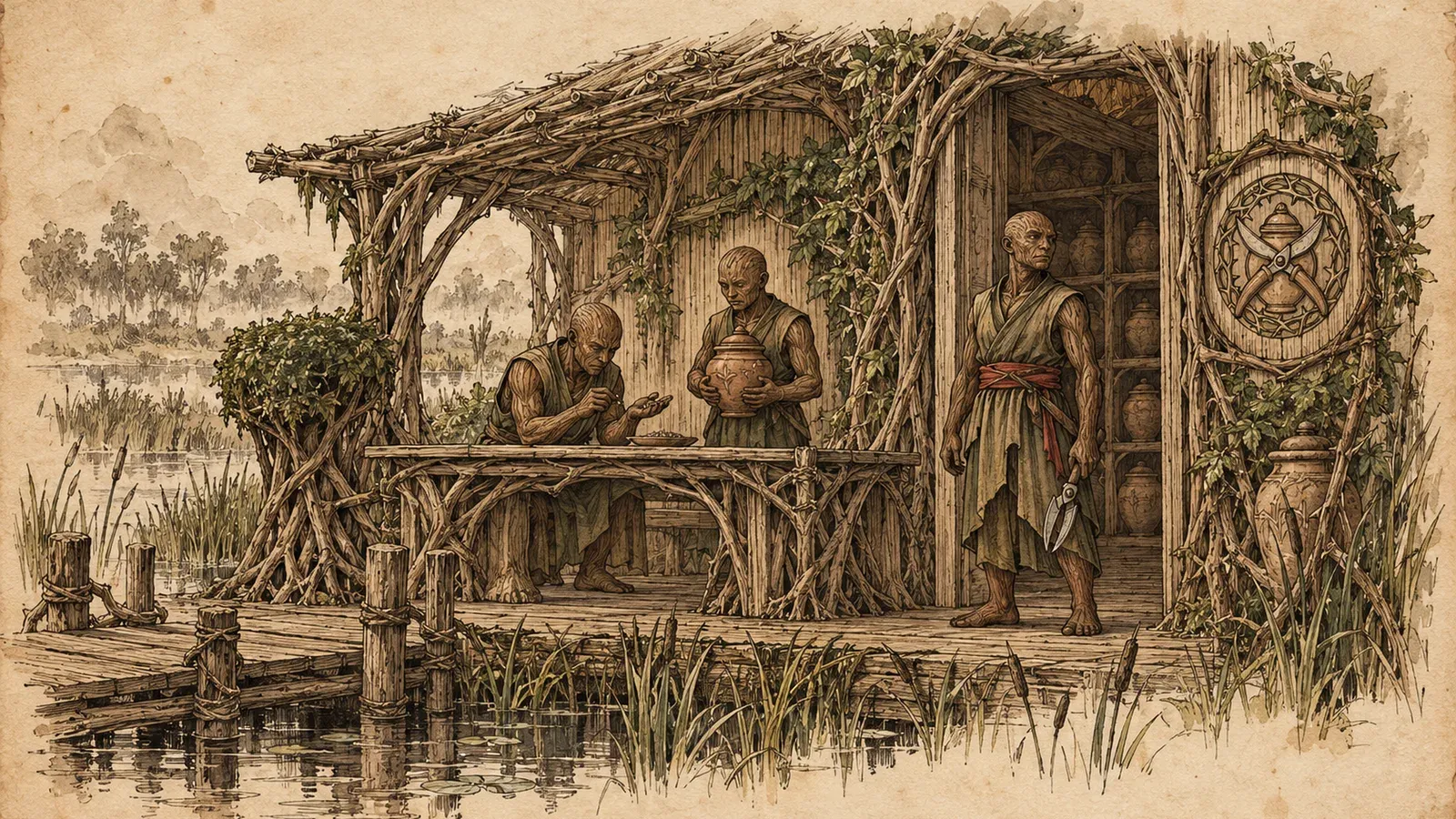 An ink and wash drawing of the Pruning Court: robed figures tending pots and shears at a stilted bench above a marsh.