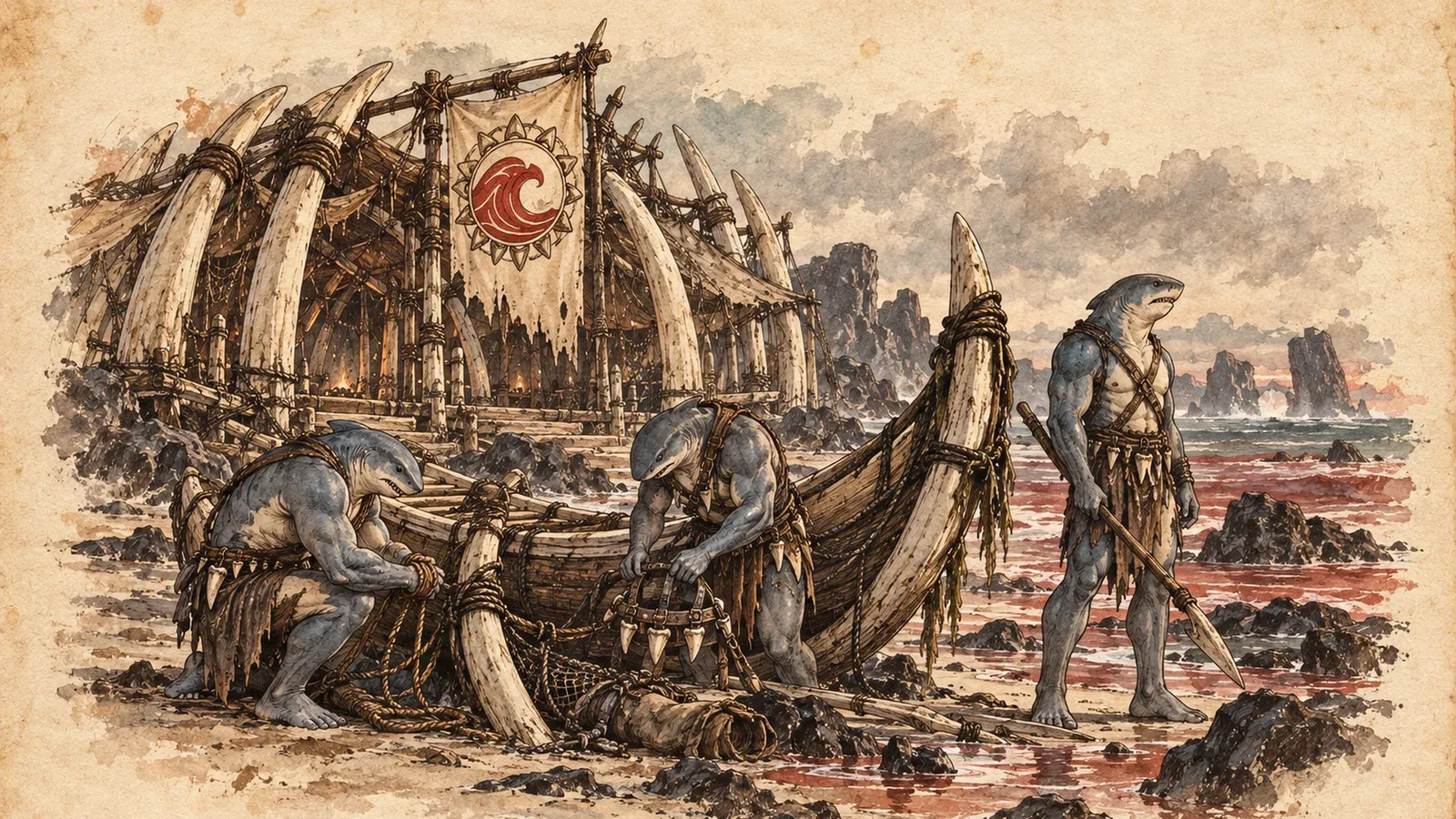 An ink and wash drawing of the Redtide Hunt: shark-folk lashing a boat of tusks and bone on a red-stained shore.
