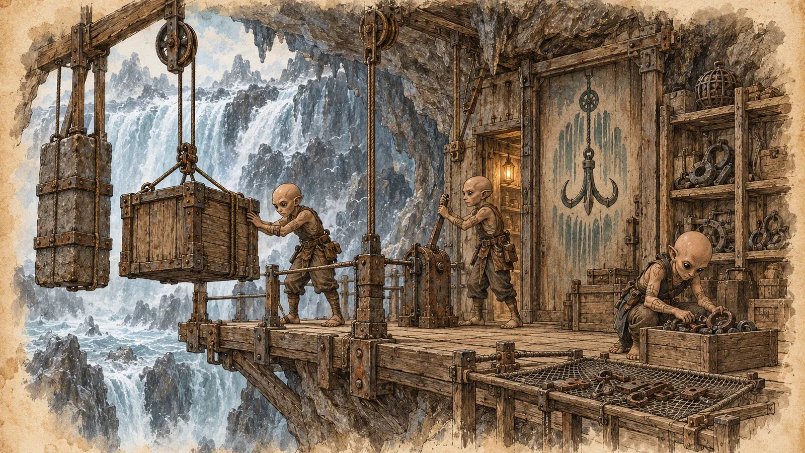 An ink and wash drawing of the Rimknot Salvagers: small folk working pulleys and crates on a timber dock beside a waterfall, under a hook emblem.