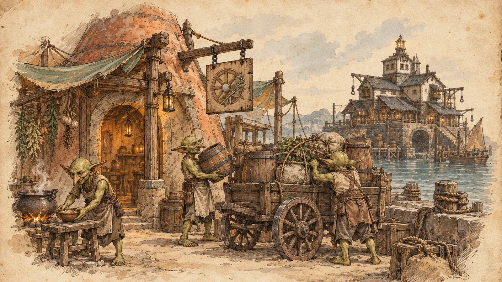 An ink and wash drawing of the Saltroad Assembly: goblins cooking, hauling barrels and loading a cart outside a harbour inn.