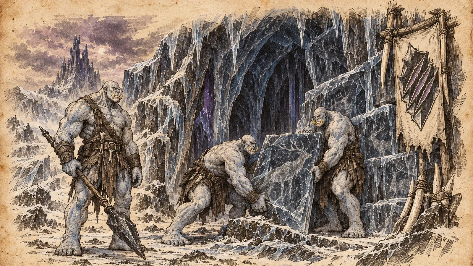 An ink and wash drawing of the Shardfall Brood: pale giants prying slabs of dark crystal from an icy cave.