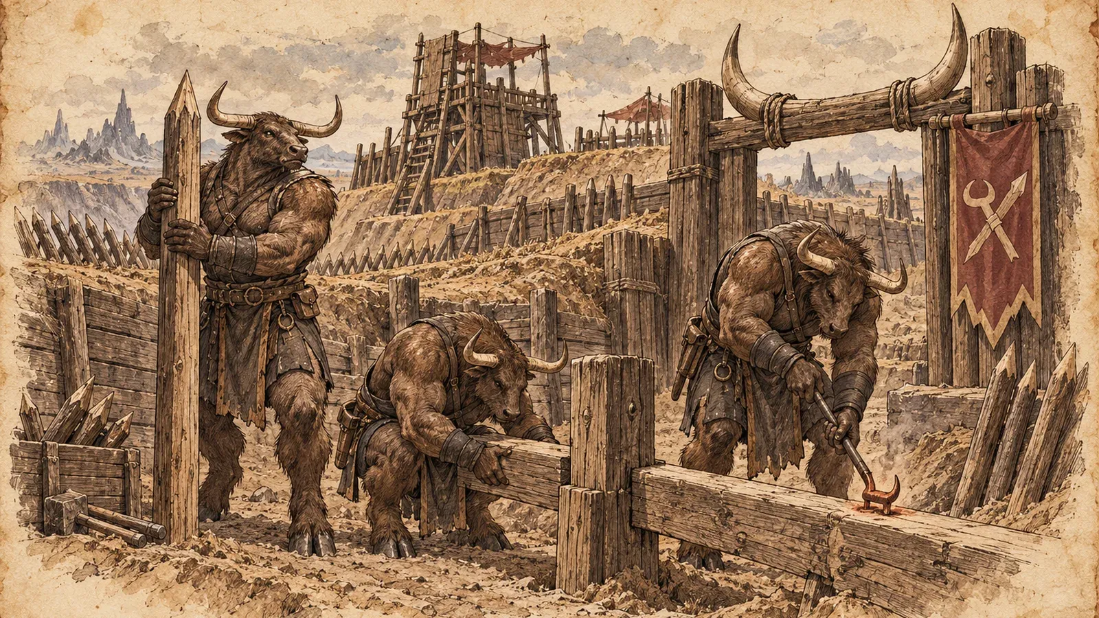 An ink and wash drawing of the Siegehorn Brands: minotaurs driving stakes and building palisades in a siege camp.