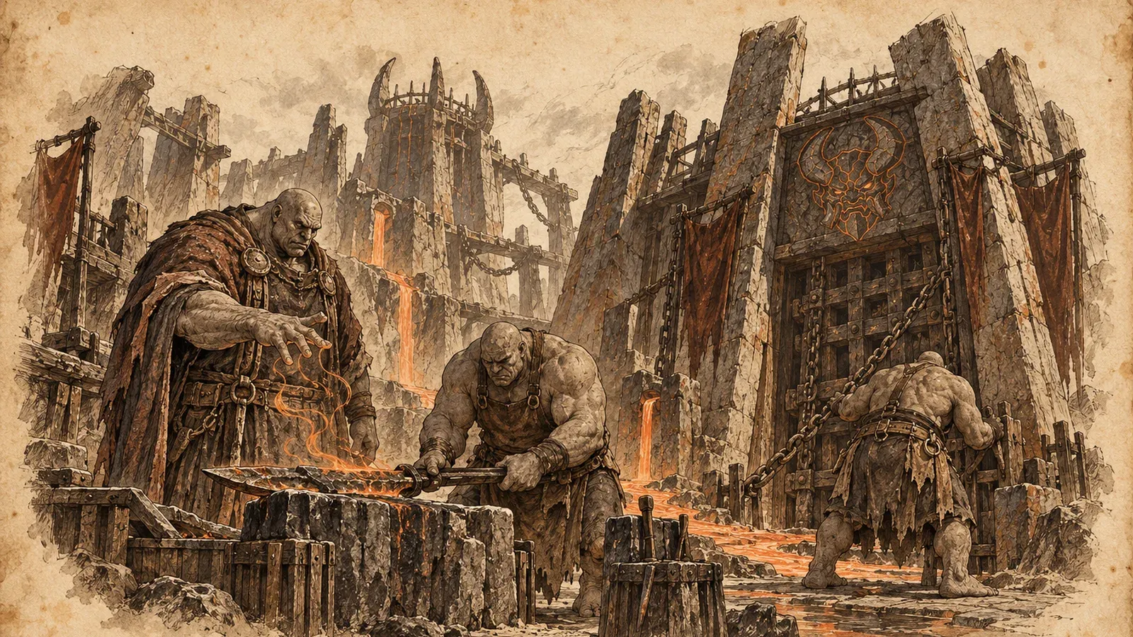An ink and wash drawing of the Slag Oni: hulking oni at smelting troughs before a chained iron gate, with molten slag running behind.
