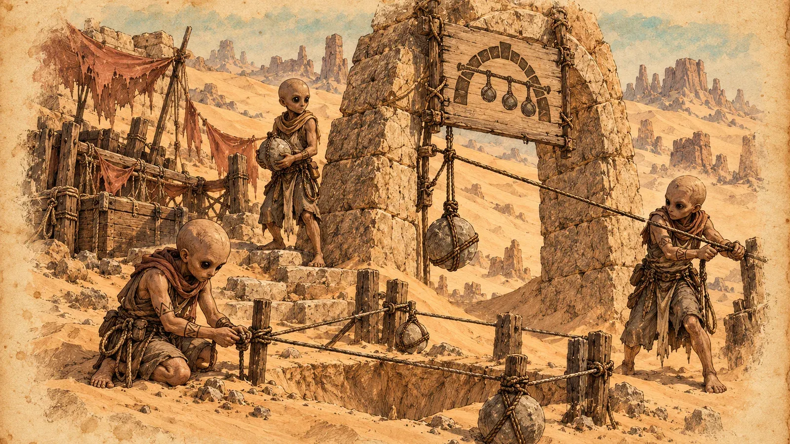 An ink and wash drawing of the Snarecord Bands: small big-eyed folk setting rope snares and weighted traps among desert ruins.
