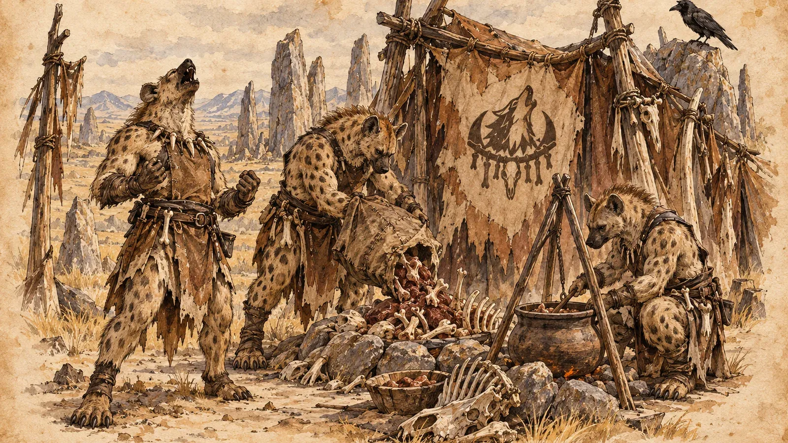 An ink and wash drawing of the Spoilsong Packs: hyena-folk howling and sorting spoils around a cooking pot under a ragged banner.