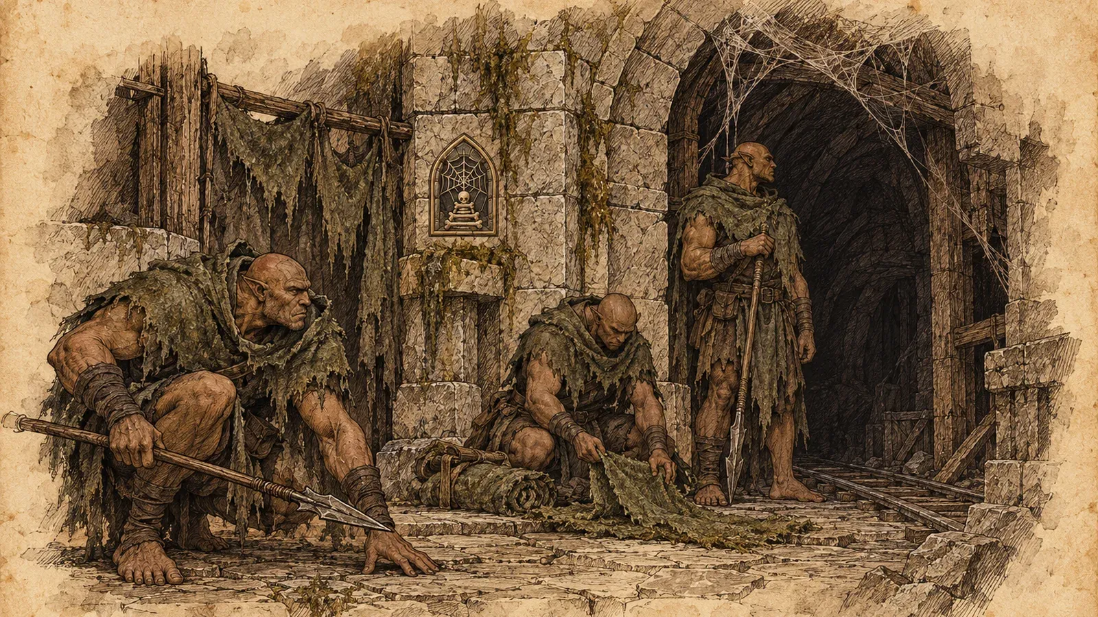 An ink and wash drawing of the Stillgallery Stalkers: hunched hunters in moss-green cloaks with spears at a cobwebbed tunnel mouth.