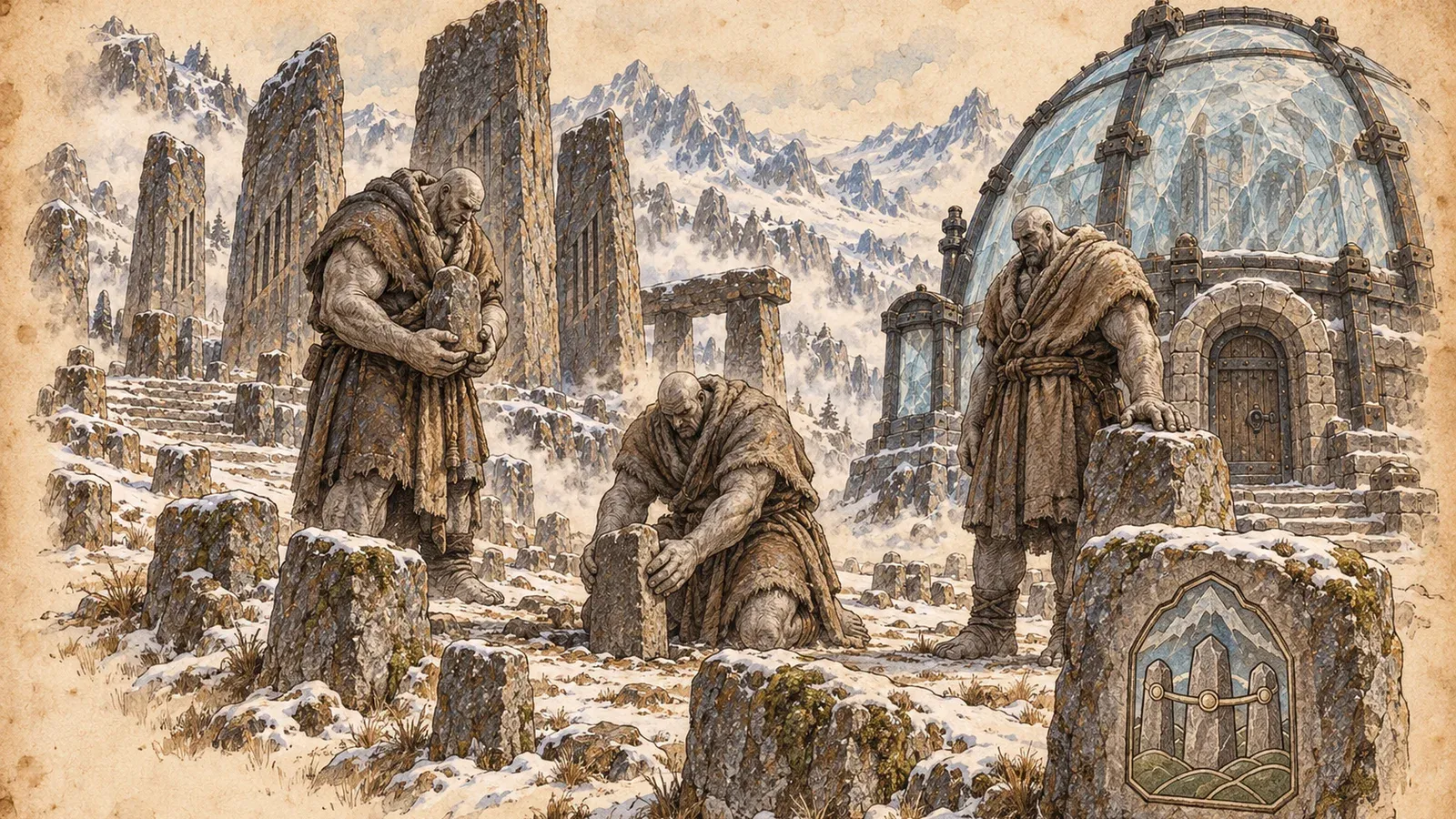An ink and wash drawing of the Stonefather Moot: robed giants carving standing stones in a snowy field beside a glass-domed hall.