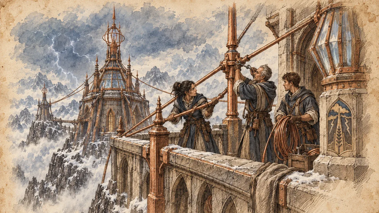 An ink and wash drawing of the Stormward Chapter: three people raising a copper rod on a bridge rail as lightning strikes a spired citadel.