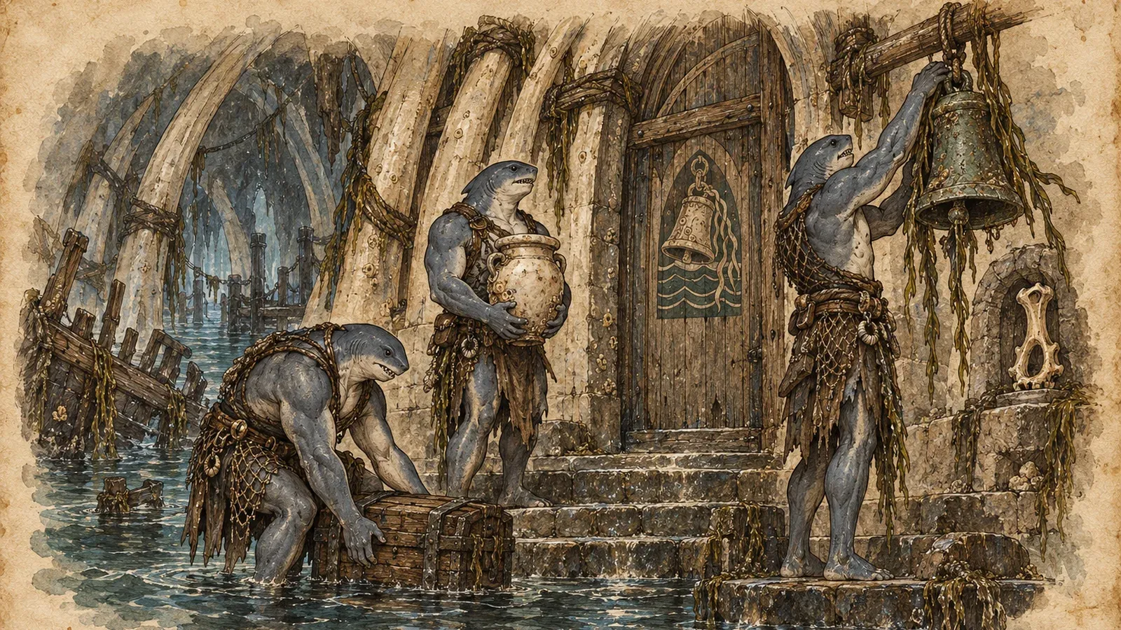An ink and wash drawing of the Sunken Tithe: shark-folk carrying jars and a chest up flooded steps and ringing a bell.