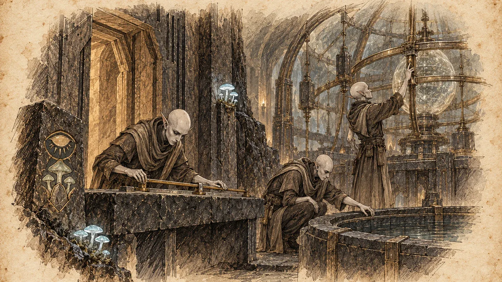 An ink and wash drawing of the Sunless Reach: bald robed figures measuring at stone benches in a dark hall lit by glowing mushrooms and a great lens.