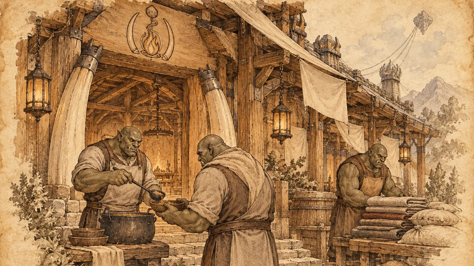An ink and wash drawing of the Tetherhouse Mercy: big folk in aprons ladling soup and folding blankets in a timber hall.