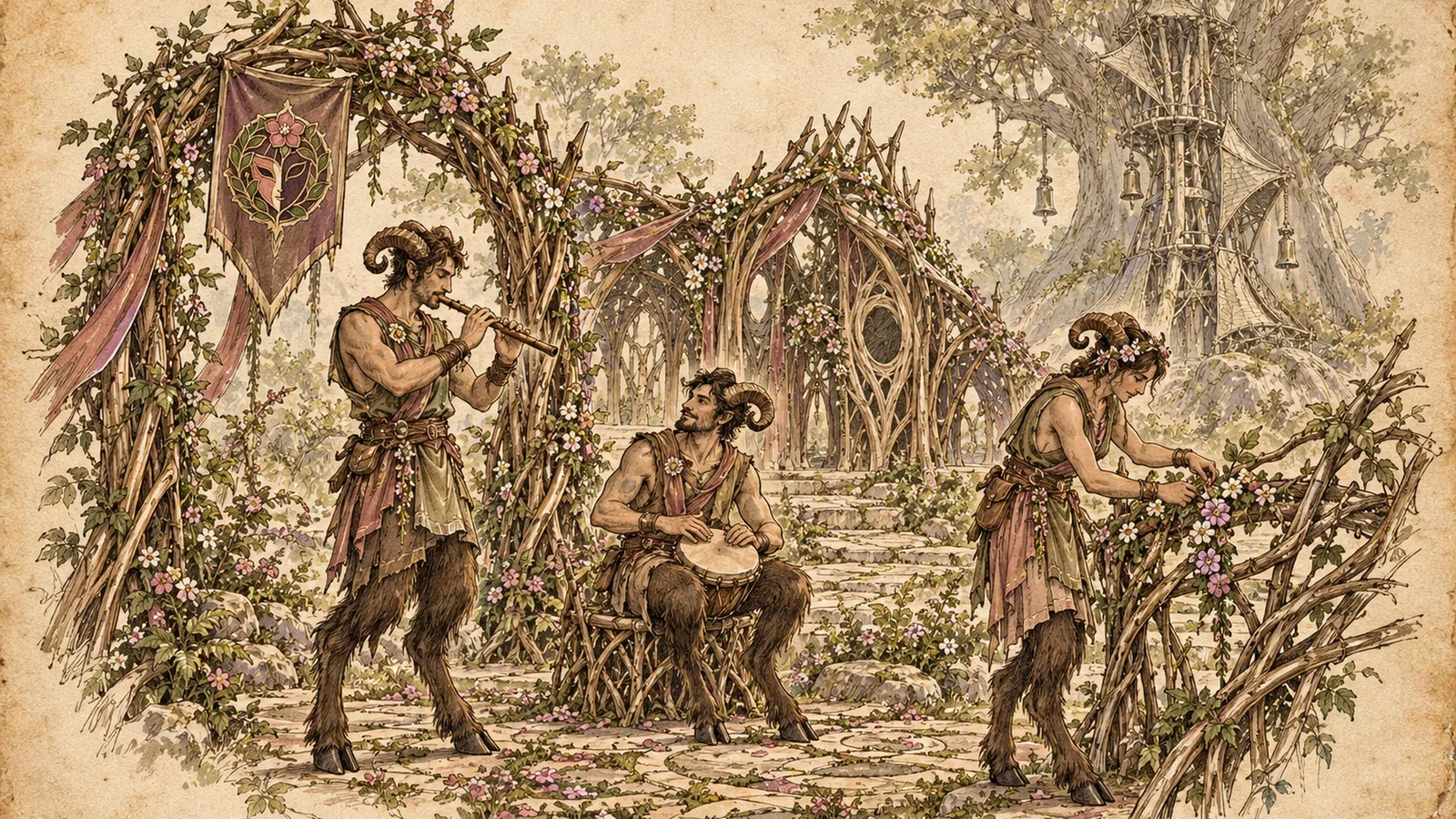 An ink and wash drawing of the Thornwake Circle: satyrs playing pipes and a drum and tending flowering vines under woven arches.