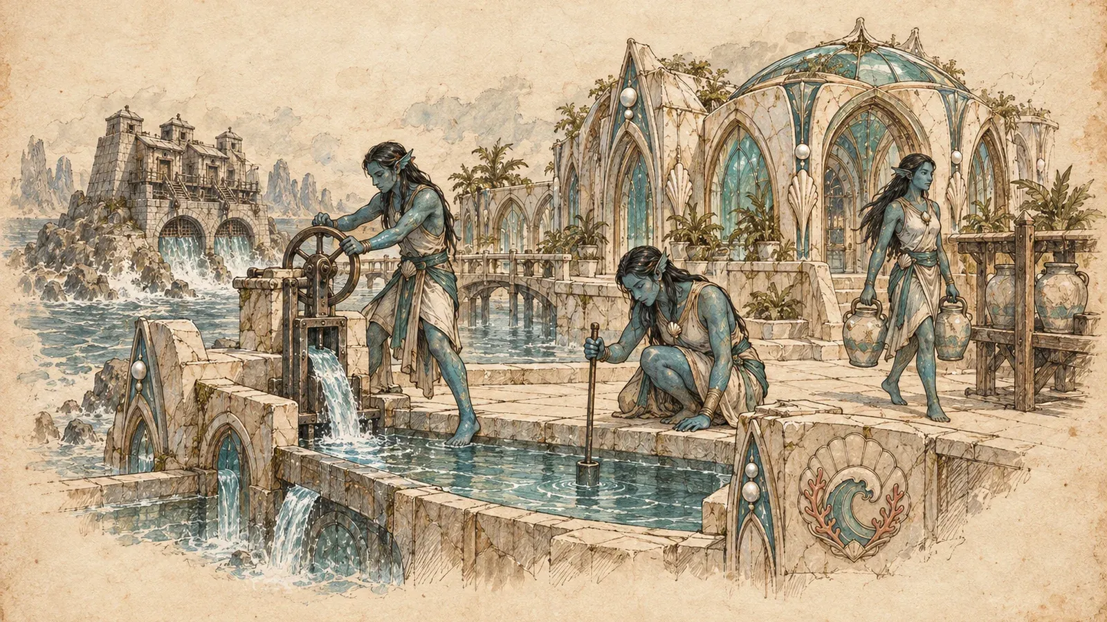 An ink and wash drawing of the Tideglass Concord: blue-skinned folk working sluice wheels and carrying jars along canals beside a glass-domed hall.