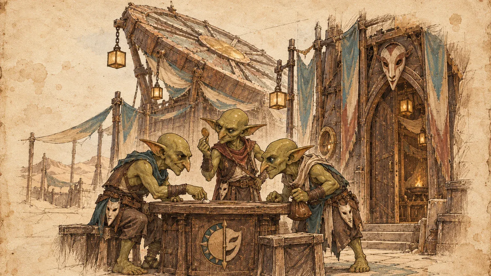 An ink and wash drawing of the Turncoin Masque: masked goblins plotting over a table under a market awning.
