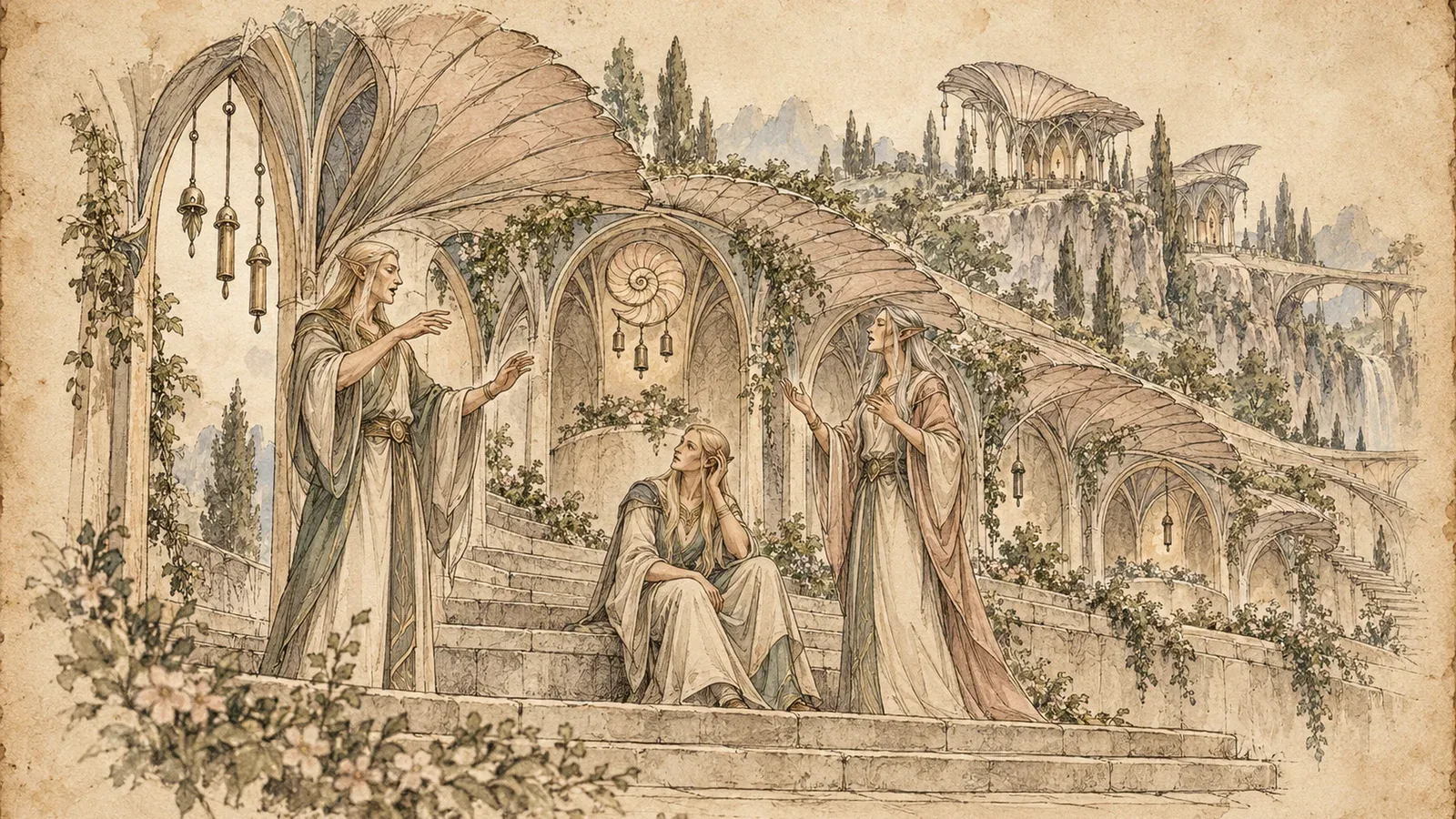 An ink and wash drawing of the Unwritten School: robed elves talking on the steps of a terraced hall of shell-shaped arches.