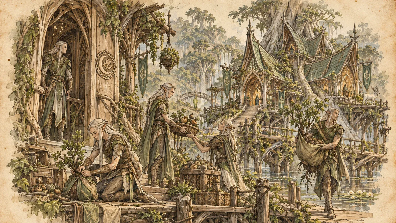 An ink and wash drawing of the Verdant Communion: elves harvesting fruit and tending plants on a jetty below a tree-grown city.