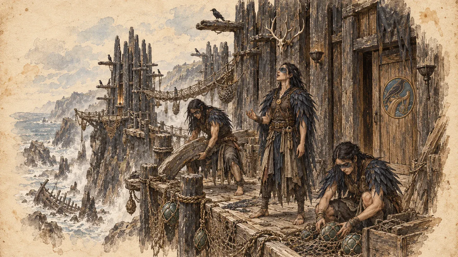 An ink and wash drawing of the Wreckright Roosts: folk in feathered cloaks salvaging nets and floats on a cliffside boardwalk above wrecks.