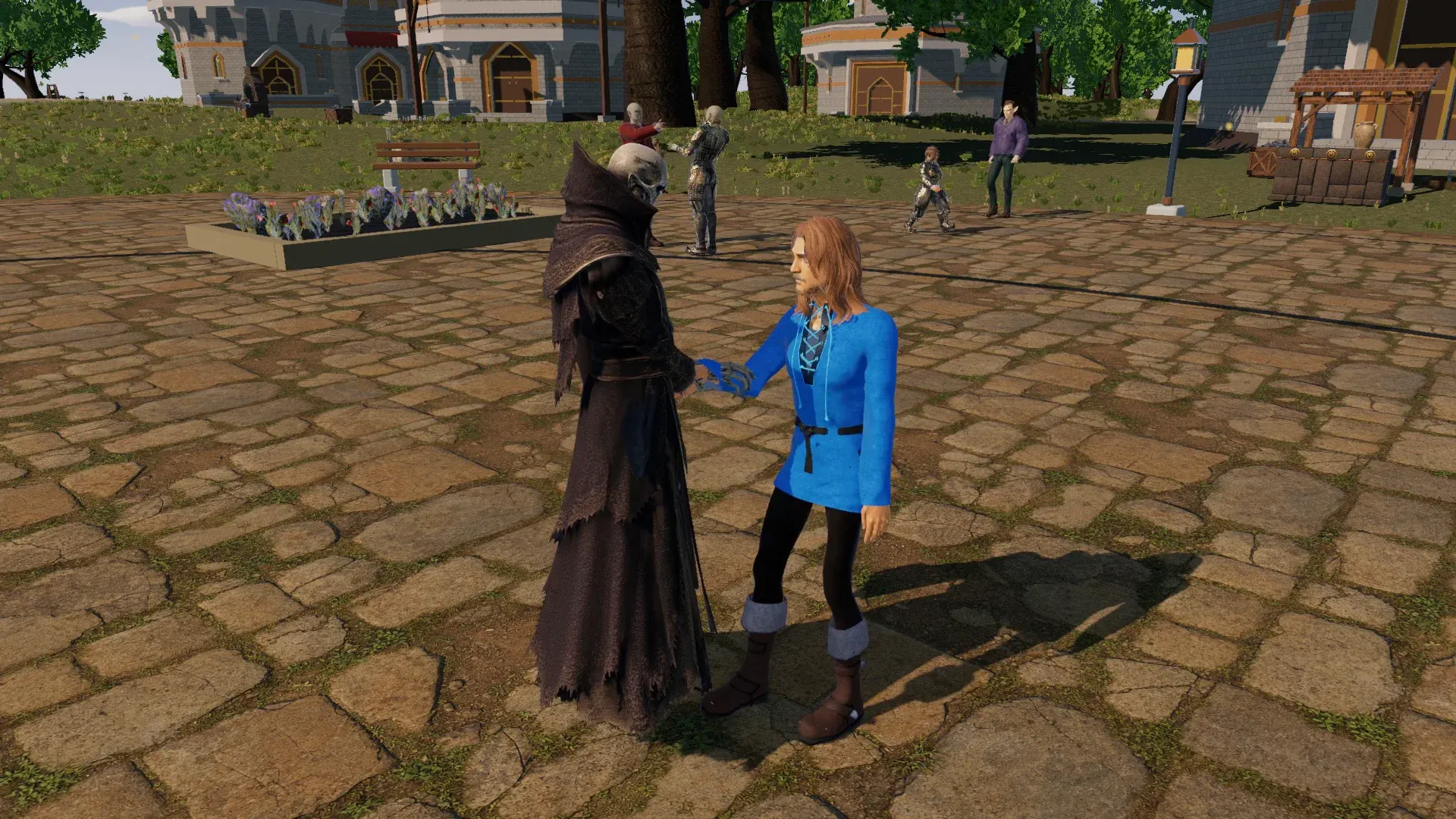 The lich shaking hands with a bard in a blue tunic in a cobbled town square, with townsfolk walking past behind them.