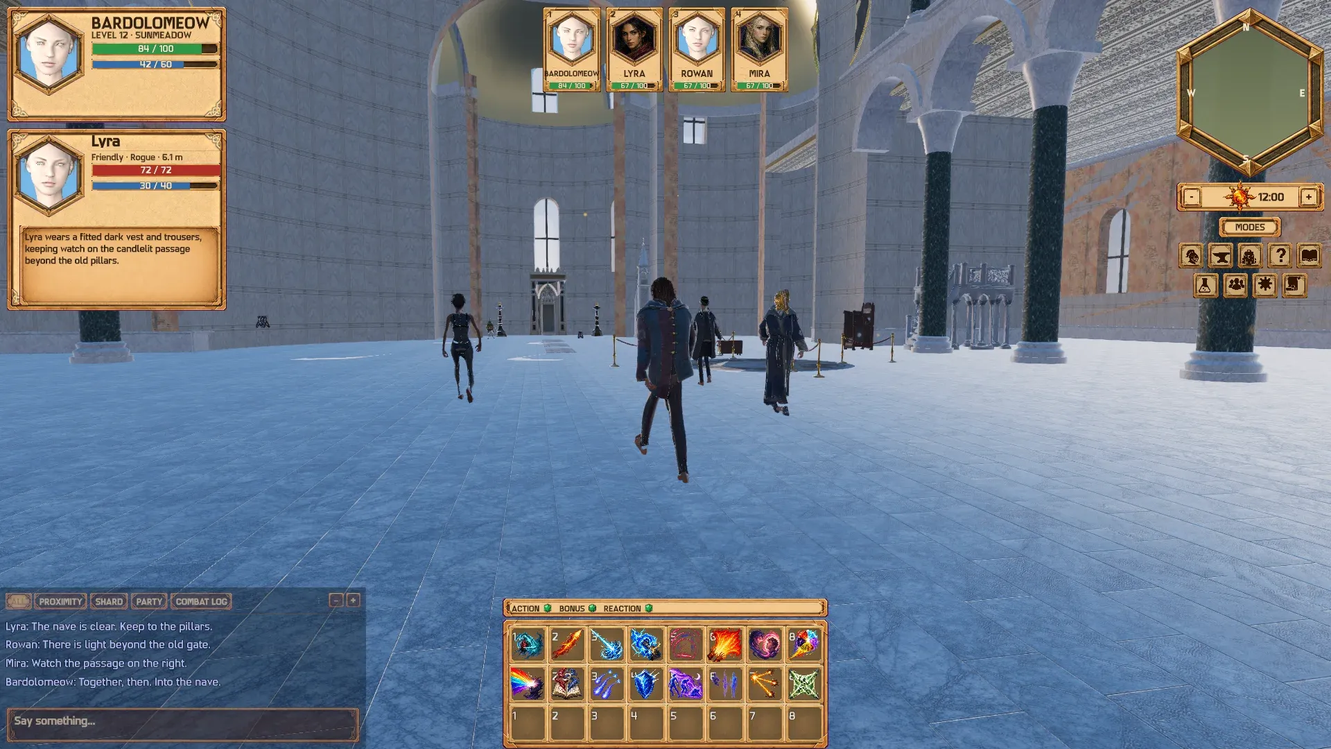 A party of four crossing the marble nave of a domed cathedral, with the party frames, the hotbar and the party chat on screen.