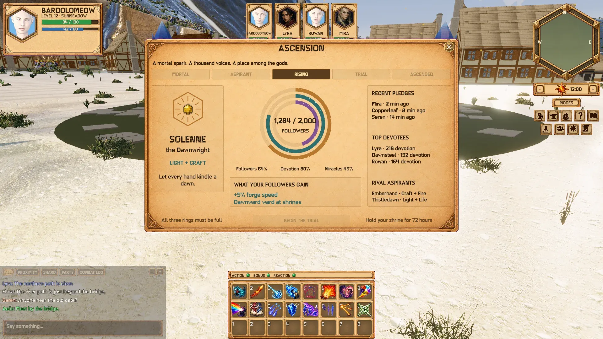 The Ascension window for Solenne, the Dawnwright: 1,284 of 2,000 followers, with recent pledges and rival aspirants.