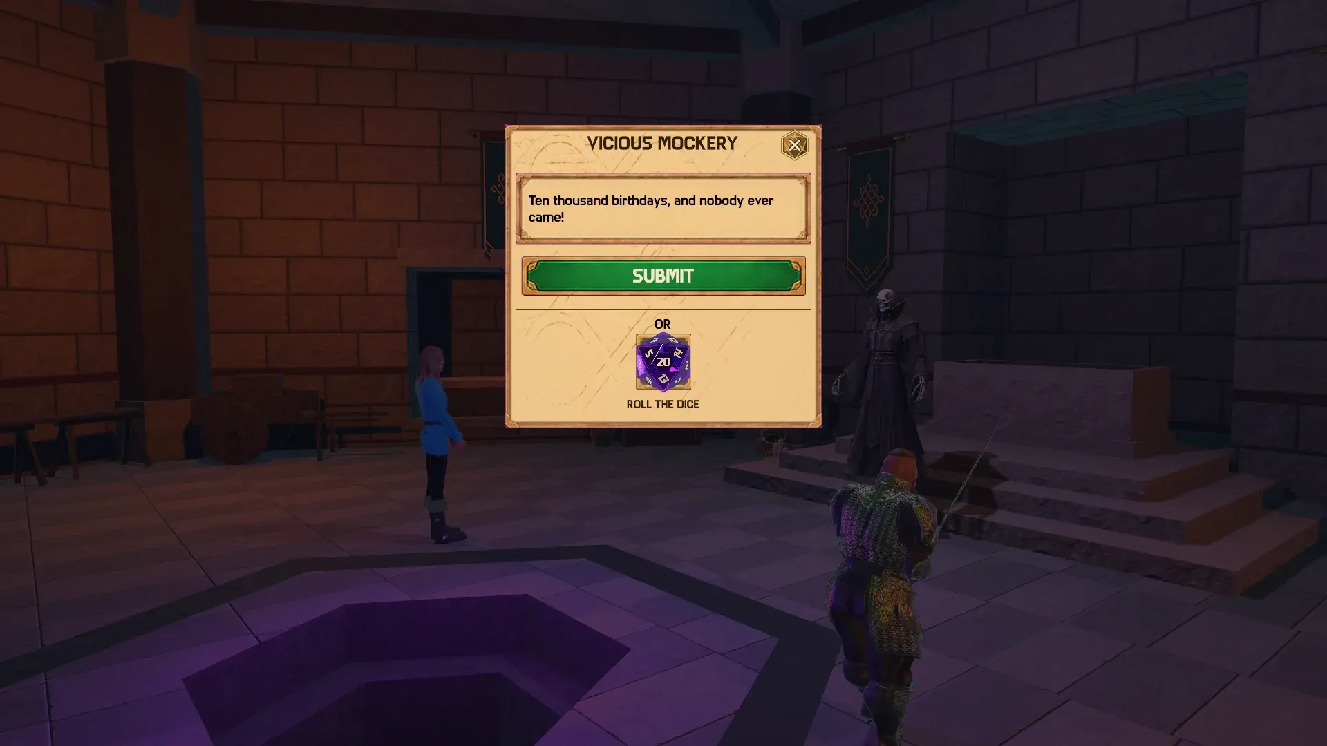 The Vicious Mockery window in a crypt, with the taunt "Ten thousand birthdays, and nobody ever came!" typed in and the lich on the dais behind it.