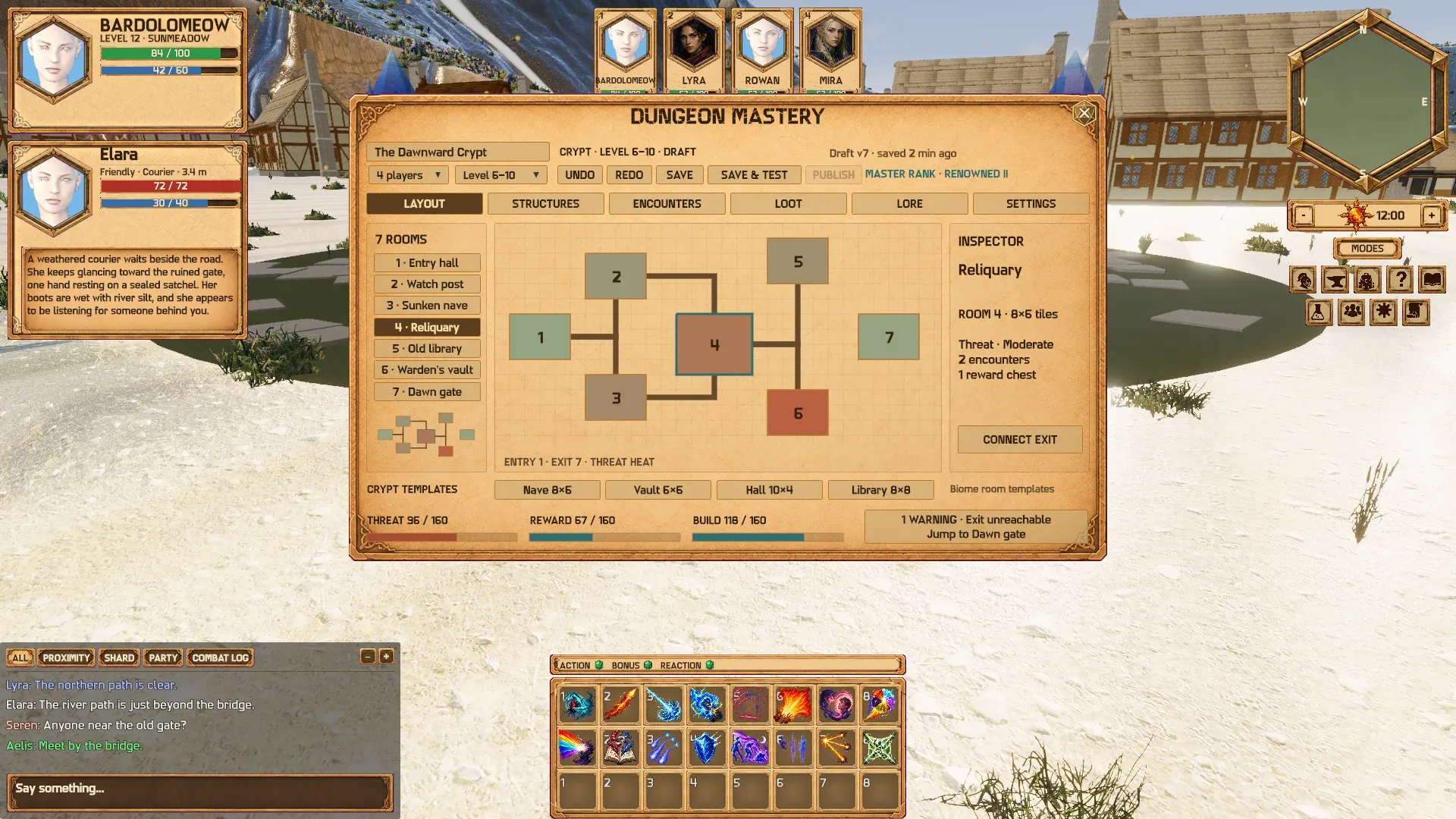 The Dungeon Mastery editor on its Layout tab: a crypt of seven rooms on a grid, with the Reliquary selected.