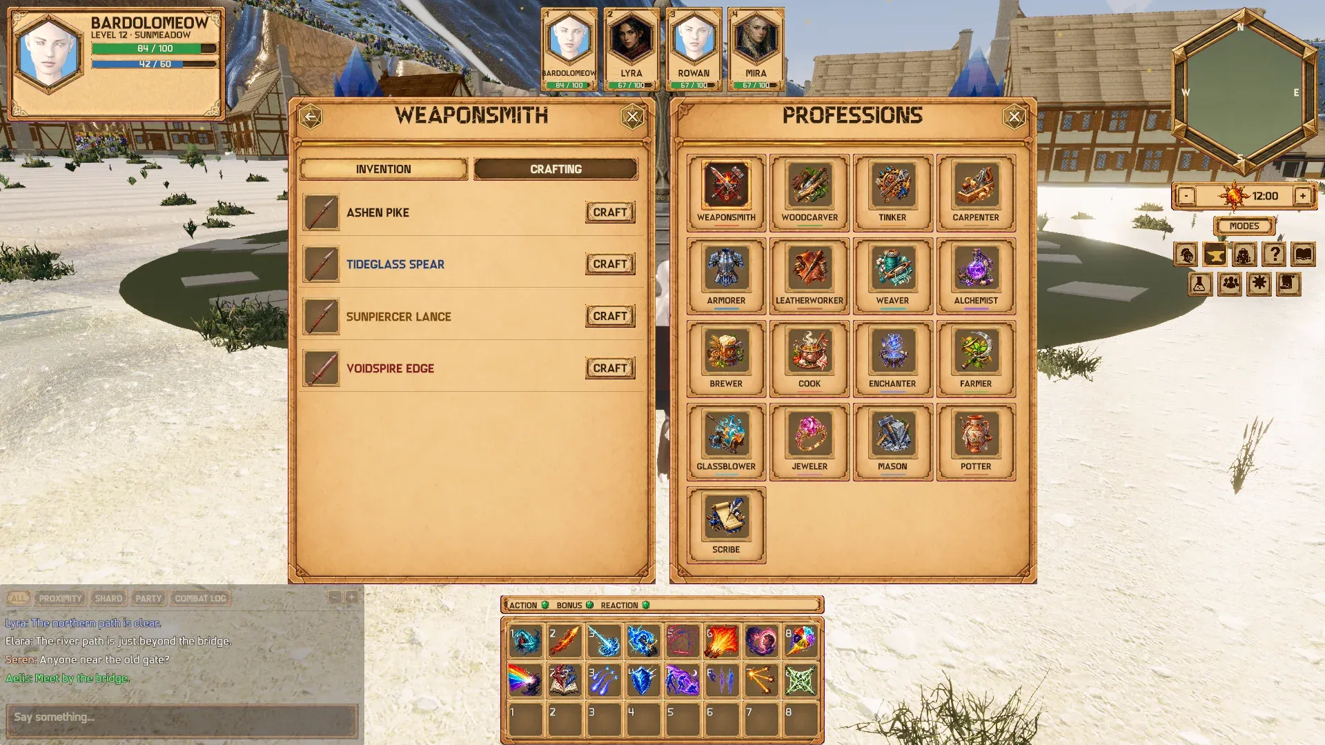 The Professions window, with the Weaponsmith open on its crafting list.