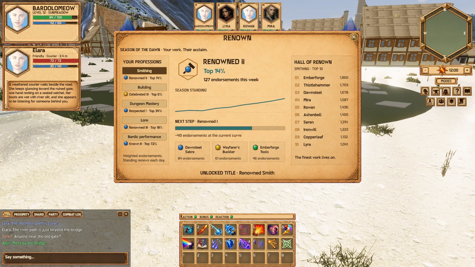 The Renown window: Smithing at Renowned II, top 14%, with a season chart, three endorsed works and the Hall of Renown.