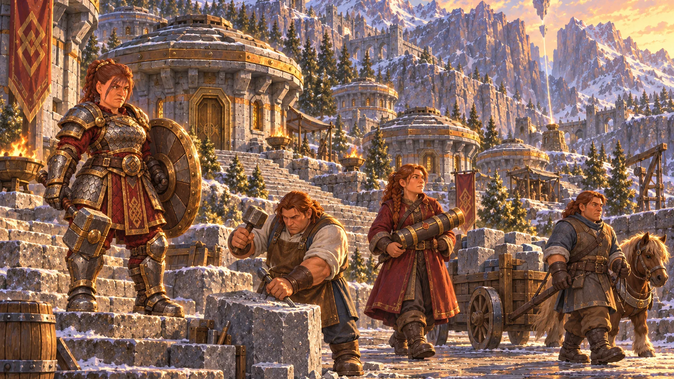 Dwarves on the terraces of their alpine stone town: the armoured fighter, a mason at work, a woman carrying a case, and a quarry warden with a pony cart.